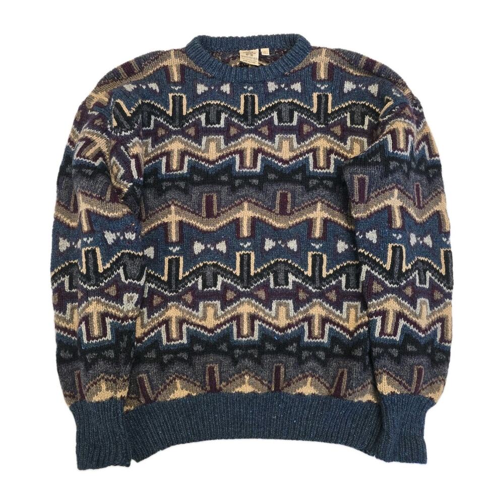 Vtg 90s Wind River Mens L Tall Shetland Wool Chunky Knit Sweater Fisherman